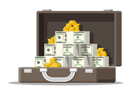 Open leather suitcase full of money. Stacks of dollar banknotes and golden coins in case. Symbol of...