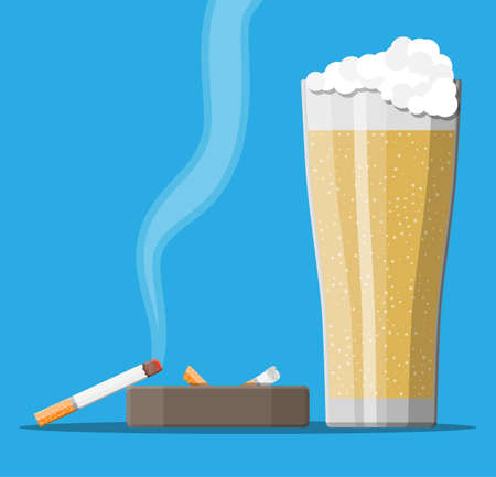 Glass of beer with cigarette and ashtray. Alcohol, tobacco. Beer alcoholic drink, smoking products. Unhealthy lifestyle concept. Vector illustration in flat styleのイラスト素材