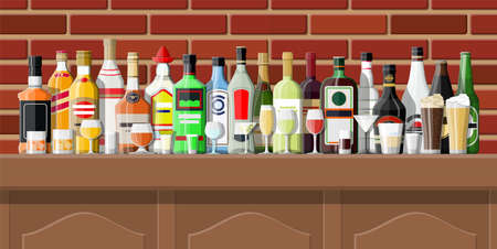 Drinking establishment. Interior of pub, cafe or bar. Bar counter, shelves with alcohol bottles. Wooden and brick decor. Vector illustration in flat styleのイラスト素材