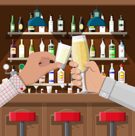 Hands group holding glasses with various drinks. Drinking establishment. Interior of pub cafe or bar. Bar counter, shelves with alcohol bottles. Celebration ceremony. Vector Illustration in flat styleのイラスト素材