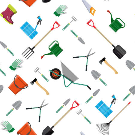 Seamless gardening tools pattern. Equipment for garden. Saw bucket ax wheelbarrow hose rake can shovel secateurs gloves boots. Vector illustration in flat styleのイラスト素材