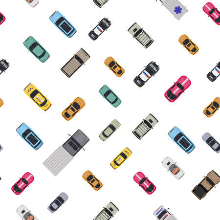 Various vehicles set seamless pattern. Roadster, taxi, police SUV, ambulance, sedan, truck. Car for...