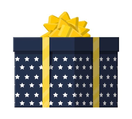 Gift box on white. Colorful wrapped. Sale, shopping. Present box with bows and ribbons. Giftbox for birthday and holiday. Vector illustration in flat styleのイラスト素材