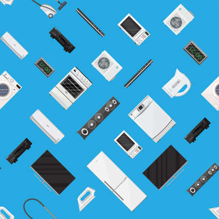 Seamless pattern. Household appliances electronic devices set. Freezer fan clocks vacuum stove...