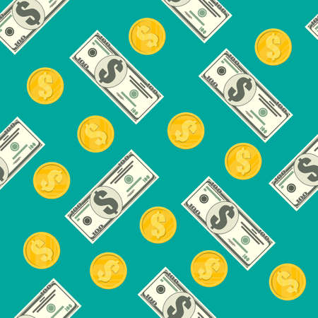 Seamless pattern of dollar banknotes and golden coins. Concept of savings, donation, paying. Symbol of wealth. Vector illustration in flat styleのイラスト素材