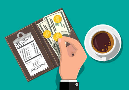 Folder with cash coins, cashier check. Coffee cupのイラスト素材
