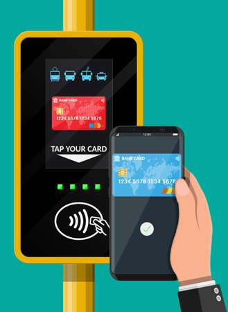 Hand with smartphone and bank card near terminal. Airport, metro, bus, subway ticket validator. Wireless contactless cashless payments, rfid nfc. Flat vector illustrationのイラスト素材