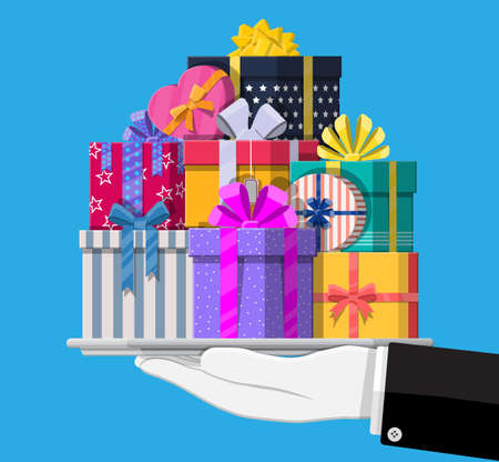 Gift boxes in hand. Colorful wrapped. Sale, shopping. Present boxes different sizes with bows and ribbons. Collection for birthday and holiday. Vector illustration in flat styleのイラスト素材