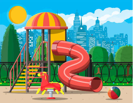 Kids playground kindergarten panorama. Urban child amusement. Slide ladder, rocking toy on spring, slide tube, swing balancer, sandbox. Cityscape. Vector illustration flat styleのイラスト素材