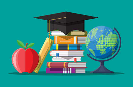 Graduation cap on stuck of books, globe and apple.のイラスト素材