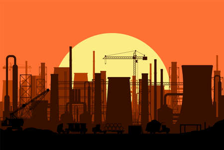 Panoramic industrial silhouette landscape. Smoking factory pipes. Plant pipes, sky with sun. Carbon dioxide emissions. Environment contamination. Pollution of environment co2. Vector illustrationのイラスト素材