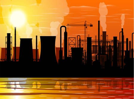 Panoramic industrial silhouette landscape. Smoking factory pipes water reservoir. Plant pipes sky sun. Carbon dioxide emissions. Environment contamination pollution of environment. Vector illustrationのイラスト素材