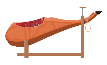 Jamon on the wooden jamonera. Spanish pork meat gourmet. Bacon ham product. Whole pig leg. Vector illustration in flat styleのイラスト素材