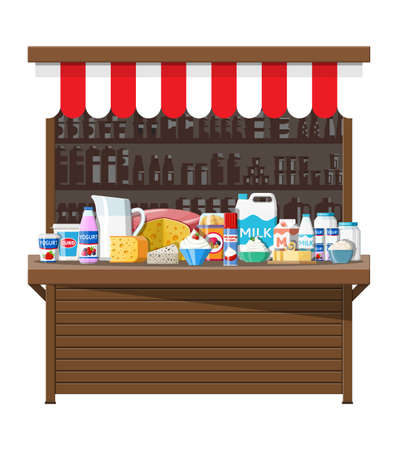 Milk street market store stall. Farmer shop or showcase counter. Dairy products set collection of food. Milk cheese yogurt butter sour cream cottage cream farm products. Vector illustration flat styleのイラスト素材