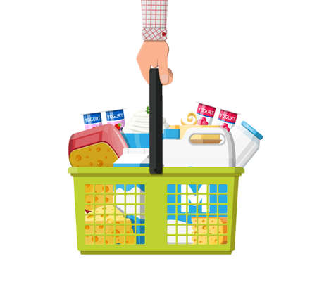 Milk products set in plastic shopping basket with cheese, cottage and butter. Dairy food. Tradicional fresh farm products. Vector illustration in flat styleのイラスト素材