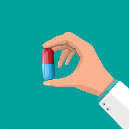 Big pill for illness and pain treatment in hand of doctor. Medical drug, vitamin, antibiotic. Healthcare and pharmacy. Vector illustration in flat styleのイラスト素材