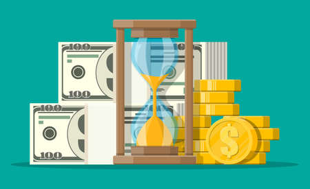 Money with hourglass clock. Return on investment, gold coin increasing chart. Growth, income, savings, investment. Symbol of wealth. Business success. Flat style vector illustration.のイラスト素材