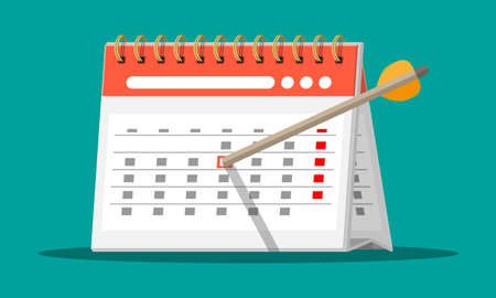 Paper spiral wall calendar and bow arrow. Calendar flat icon. Schedule, appointment, organizer, timesheet, important date. Vector illustration in flat styleのイラスト素材