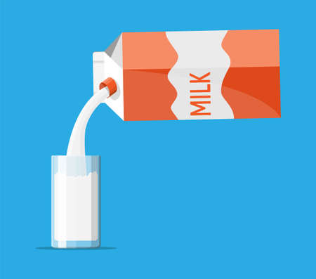 Paper packet with milk and glass isolated on blue. Milk dairy drink. Organic healthy product. Vector illustration in flat styleのイラスト素材