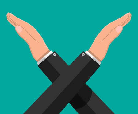 Man gestures cross hands. Say no gesture. Boycott, protest or rejection. Crossing arms. Negative or stop symbol. Prohibition and denial expression. Vector illustration in flat styleのイラスト素材