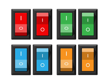 Classic red electric switch. Square power selector. Switcher with rgb light. Off and on position. Electrical equipment. Vector illustration in flat styleのイラスト素材