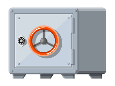 Metallic safe box with closed door for money. Bank vault security, deposit storage, cash safety safebox. Vector illustration in flat styleのイラスト素材