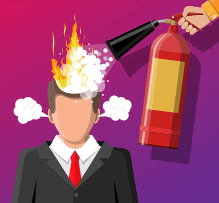 Stressed businessman with hair on fire gets help from man with extinguisher. Overworked man with burning brain, burnt by work. Emotional stress. Man in suit with burning head. Flat vector illustrationのイラスト素材