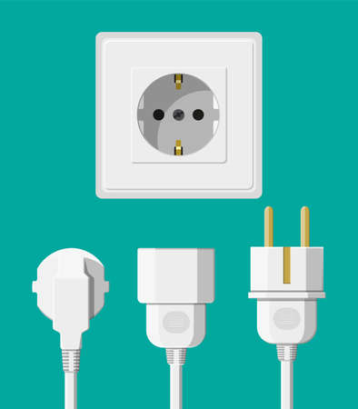 Electrical outlet with several connected cables. Electrical components. Wall socket with plugs. Vector illustration in flat styleのイラスト素材