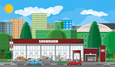 Exhibition pavilion, showroom or dealership. Car showroom building. Car center or store. Auto service and shop. Cityscape, road, house, tree, sky, cloud and sky. Vector illustration in flat styleのイラスト素材