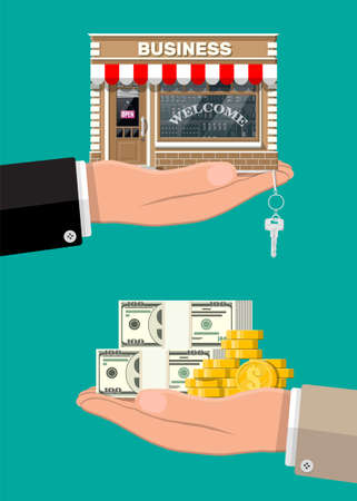 Hand holding shop or commercial property with key.のイラスト素材