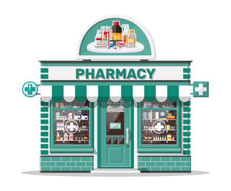 Facade pharmacy or drugstore with signboardのイラスト素材