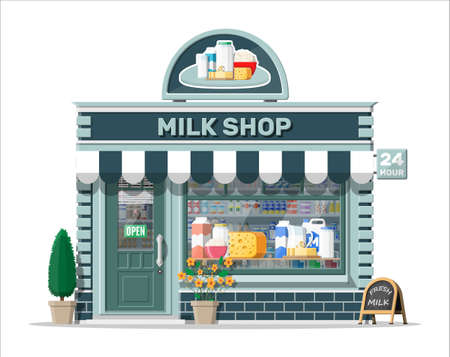 Dairy store or milk shop with signboard, awning.のイラスト素材