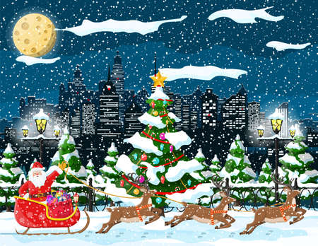 Santa claus rides reindeer sleigh. Christmas winter cityscape, fir tree, buildings. Happy new year decoration. Merry christmas holiday. New year and xmas celebration. Vector illustration flat styleのイラスト素材