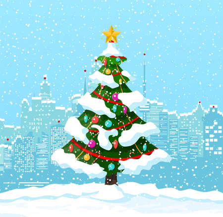 Christmas winter cityscape, snowflakes, fir tree. City park snow alley and buildings. Happy new year decoration. Merry christmas holiday. New year and xmas celebration. Vector illustration flat styleのイラスト素材