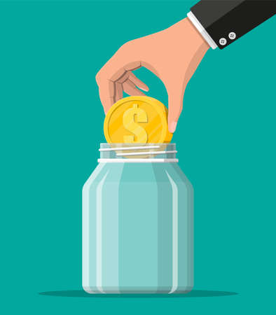 Glass money jar with big gold coin. Saving dollar coin in moneybox. Growth, income, savings, investment. Symbol of wealth. Business success. Flat style vector illustration.のイラスト素材