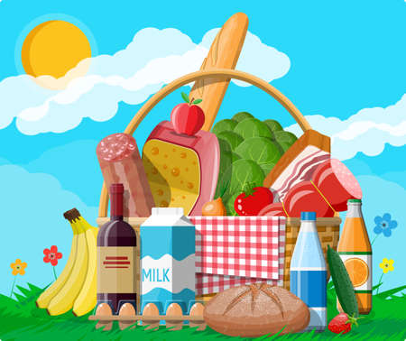 WIcker picnic basket full of products. Wine, sausage, bacon and cheese, apple, tomato, cucumber, salad, orange juice. Grass, flowers, sky with clouds and sun. Vector illustration in flat styleのイラスト素材
