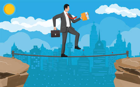 Businessman in suit walking on rope with suitcase and folder. Business man walking on tightrope gap. Obstacle on road, financial crisis. Risk management challenge. Vector illustration in flat styleのイラスト素材