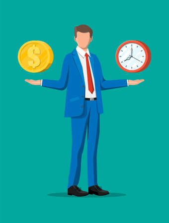 Businessman with clock and money in hands. Annual revenue, financial investment, savings, scales, bank deposit, future income, money benefit. Time is money concept. Vector illustration in flat styleのイラスト素材