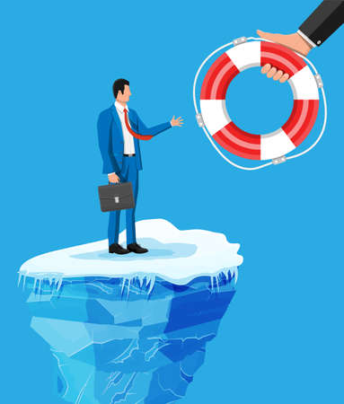 Businessman floats on iceberg getting lifebuoy.のイラスト素材