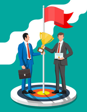 Businessmans in suit with briefcase and trophy standing with red flag on target. Symbol of victory, successful mission, goal and achievement. Business success. Flat vector illustrationのイラスト素材