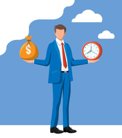 Businessman with clock and money in hands. Annual revenue, financial investment, savings, scales, bank deposit, future income, money benefit. Time is money concept. Vector illustration in flat styleのイラスト素材