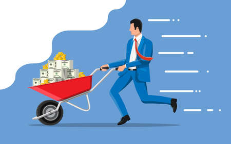 Businessman pushing wheelbarrow full of money. Wheel barrow full of gold coins and dollar banknotes. Growth, income, savings, investment. Symbol of wealth. Business success. Flat vector illustrationのイラスト素材