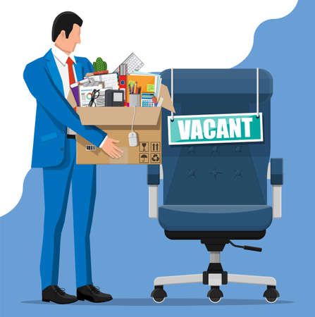 Office chair, sign vacancy. Employee with box with office goods. Hiring and recruiting. Human resources management, searching professional staff, work. Found right resume. Flat vector illustrationのイラスト素材