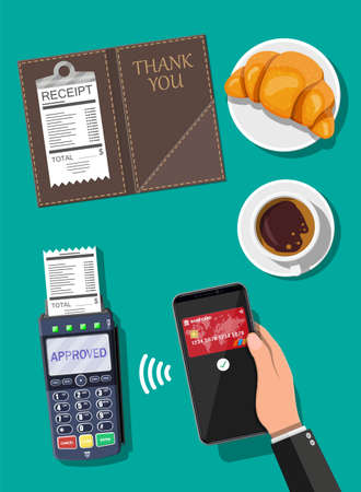 POS terminal and mobile smartphone payment transaction. Leather folder for cash, cashier check, coffee, cake. Wireless, contactless or cashless payments, rfid nfc. Vector illustration in flat styleのイラスト素材