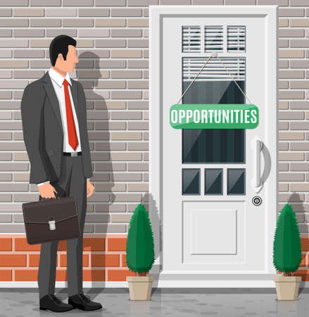 Businessman standing in front of closed door. Solution, winning, future, business success concept. Open door of big opportunities. Achievement and goal. Flat vector illustrationのイラスト素材
