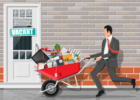 Street door with sign vacancy. Employee with wheelbarrow with office goods. Hiring and recruiting. Human resources management, searching professional staff, work, resume. Flat vector illustrationのイラスト素材