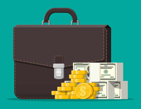 Leather suitcase full of money. Stacks of dollar banknotes and golden coins and case. Symbol of wealth. Business success. Stock market investment portfolio. Flat style vector illustration.のイラスト素材