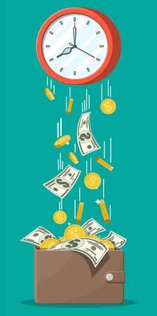 Leather money wallet, coins banknotes falling from clocks. Saving dollar coin in purse. Growth, income, savings, investment. Banking, time is money. Wealth, business success. Flat vector illustrationのイラスト素材
