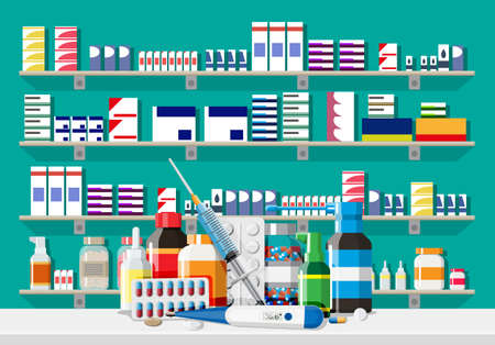 Modern interior of pharmacy. Medicine pills capsules bottles vitamins and tablets. Drugstore showcase. Shelves with medicines. Medical drug, vitamin, antibiotic healthcare. Flar vector illustrationのイラスト素材
