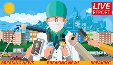 Doctor with face mask giving speech about coronavirus covid-19 ncov outbreak news. Paramedic mediacal staff at press conference. Hands of journalists with microphones. Flat vector illustrationのイラスト素材